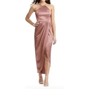 After Six Halter Midi Dress With Draped Tulip Skirt in Desert Rose